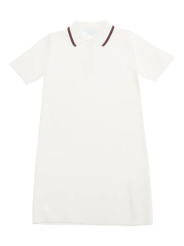 White Dress with Polo Shirt Style Collar with Web Detail and Embroidery in Cotton Girl