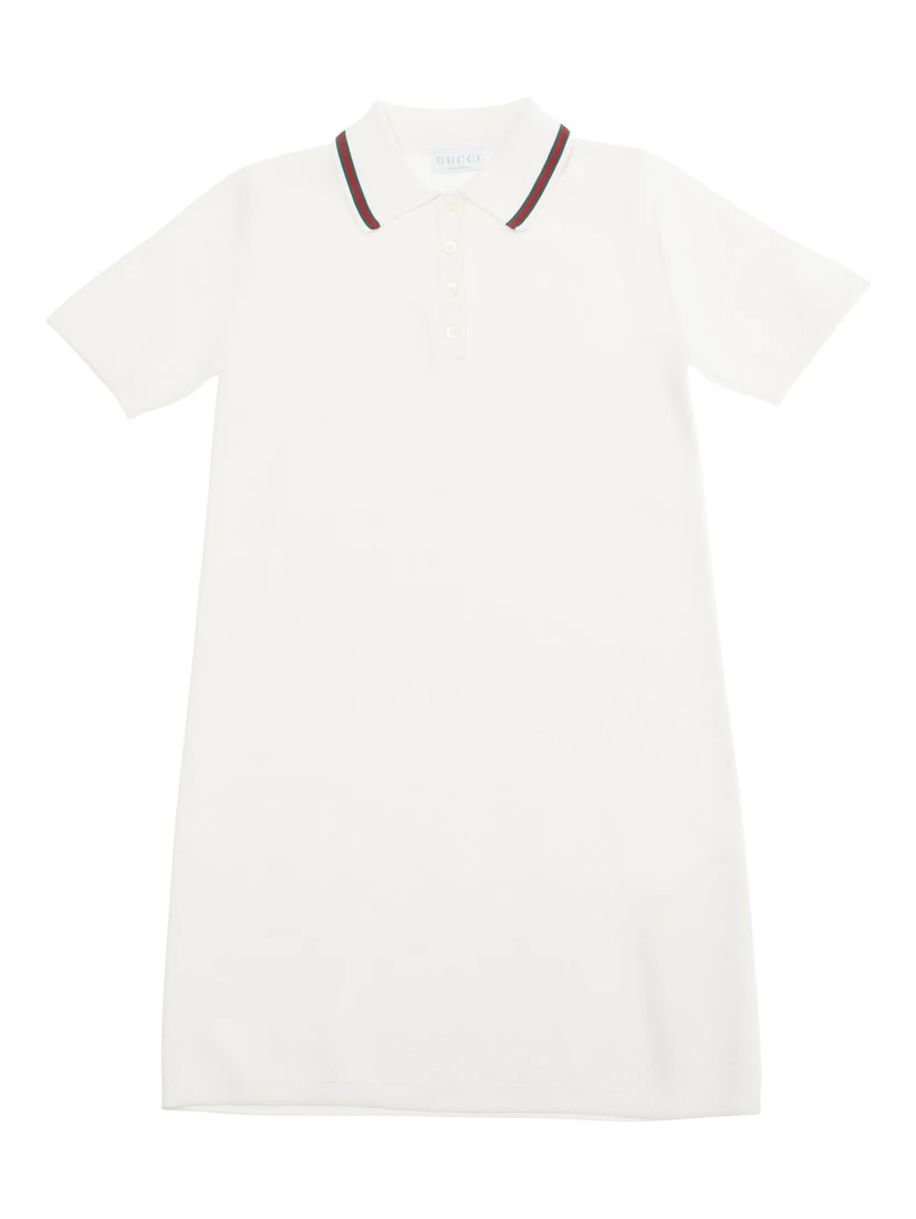 White Dress with Polo Shirt Style Collar with Web Detail and Embroidery in Cotton Girl