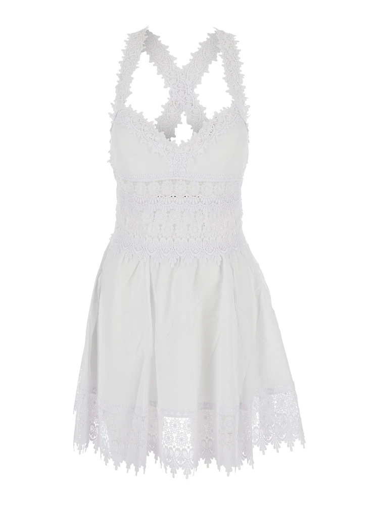 Marilyn White Dress with Crossed Straps and Lace Details in Cotton Woman