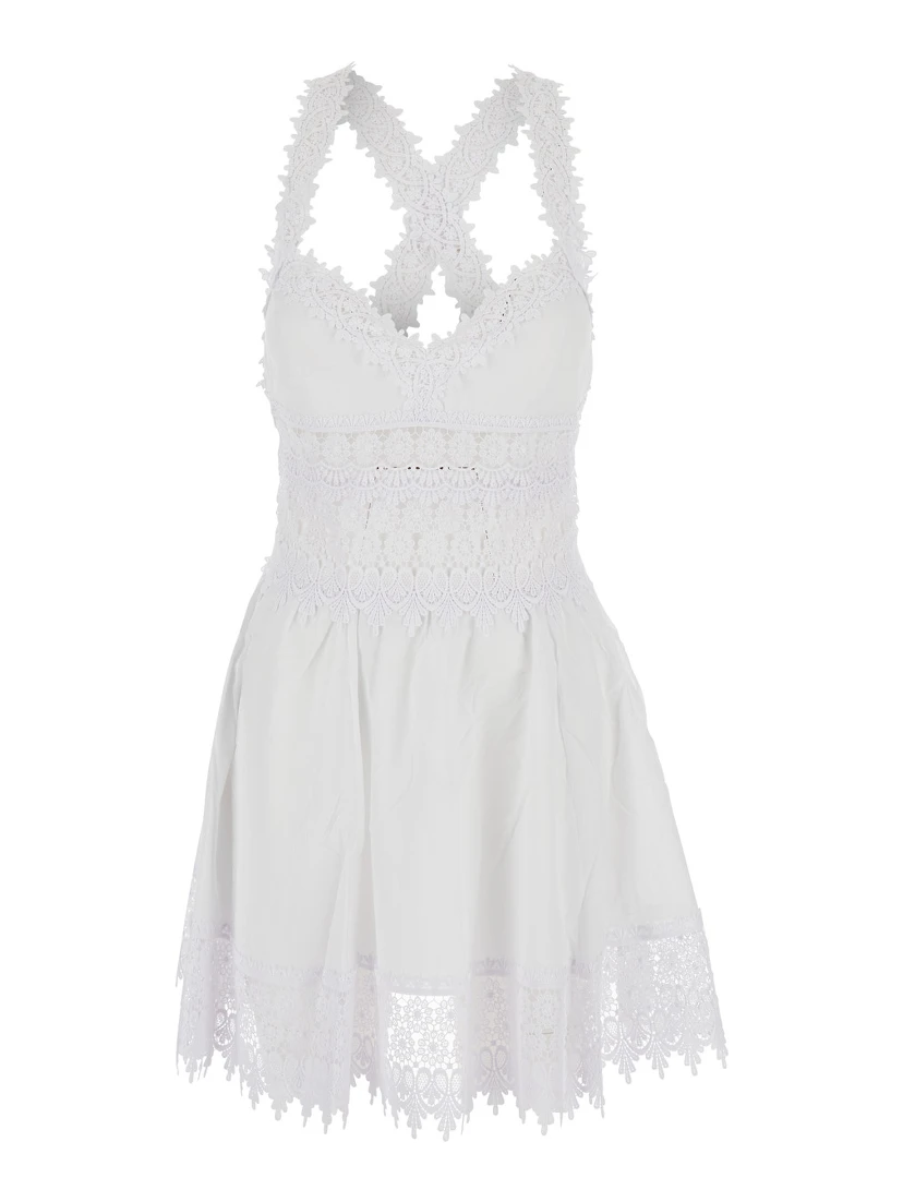 Marilyn White Dress with Crossed Straps and Lace Details in Cotton Woman