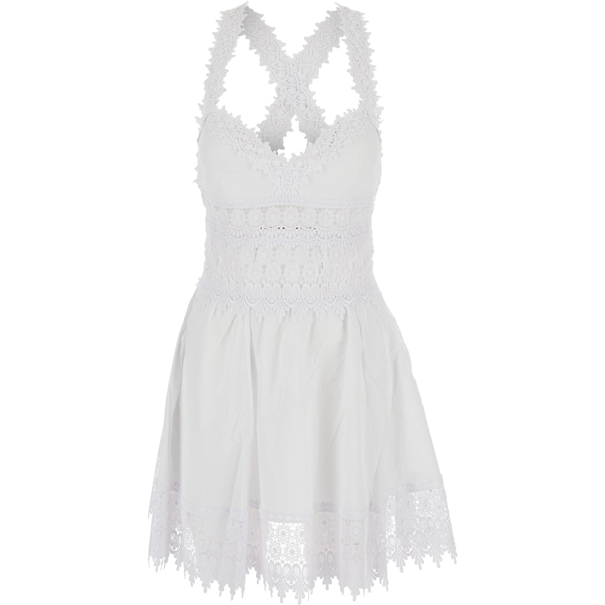Marilyn White Dress with Crossed Straps and Lace Details in Cotton Woman