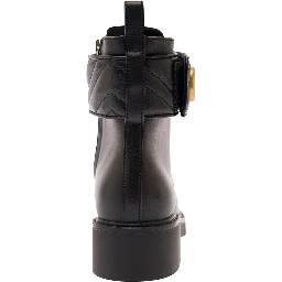 Black Ankle Boot with Double G and Textured Hardware in Leather Woman