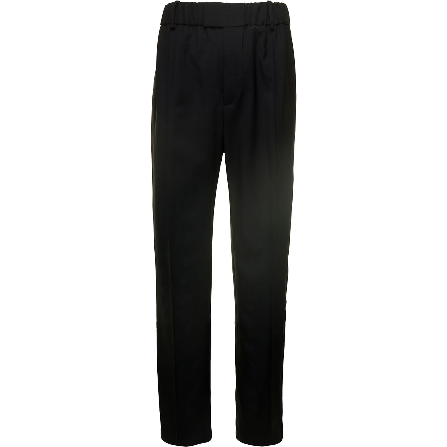 Black Straight Trousers with Coulisse at Waistline in Wool Twill Woman