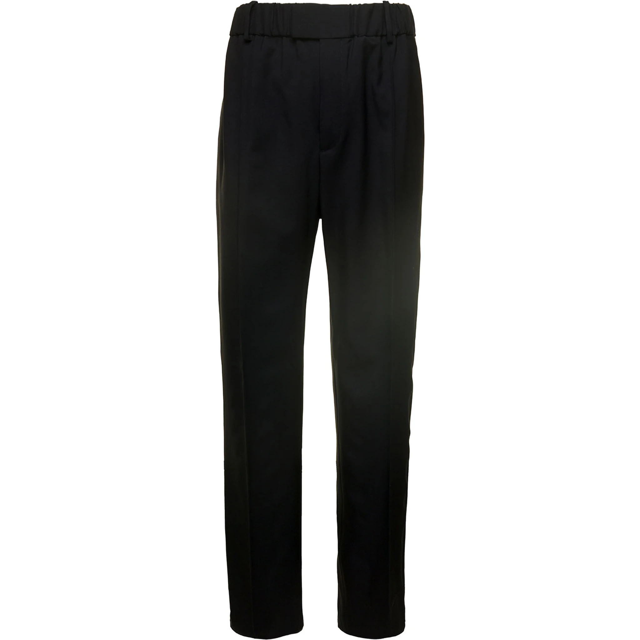Black Straight Trousers with Coulisse at Waistline in Wool Twill Woman