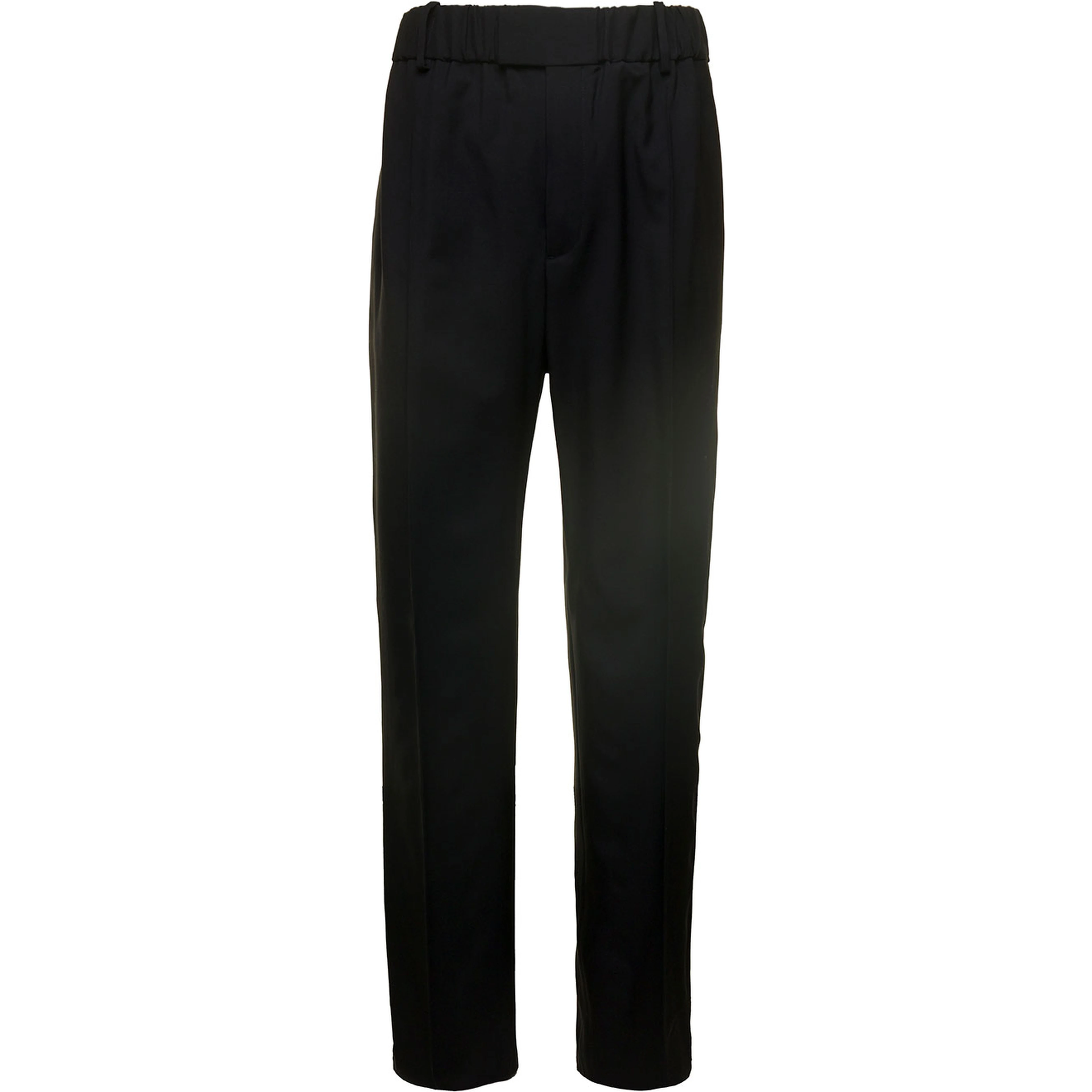 Black Straight Trousers with Coulisse at Waistline in Wool Twill Woman