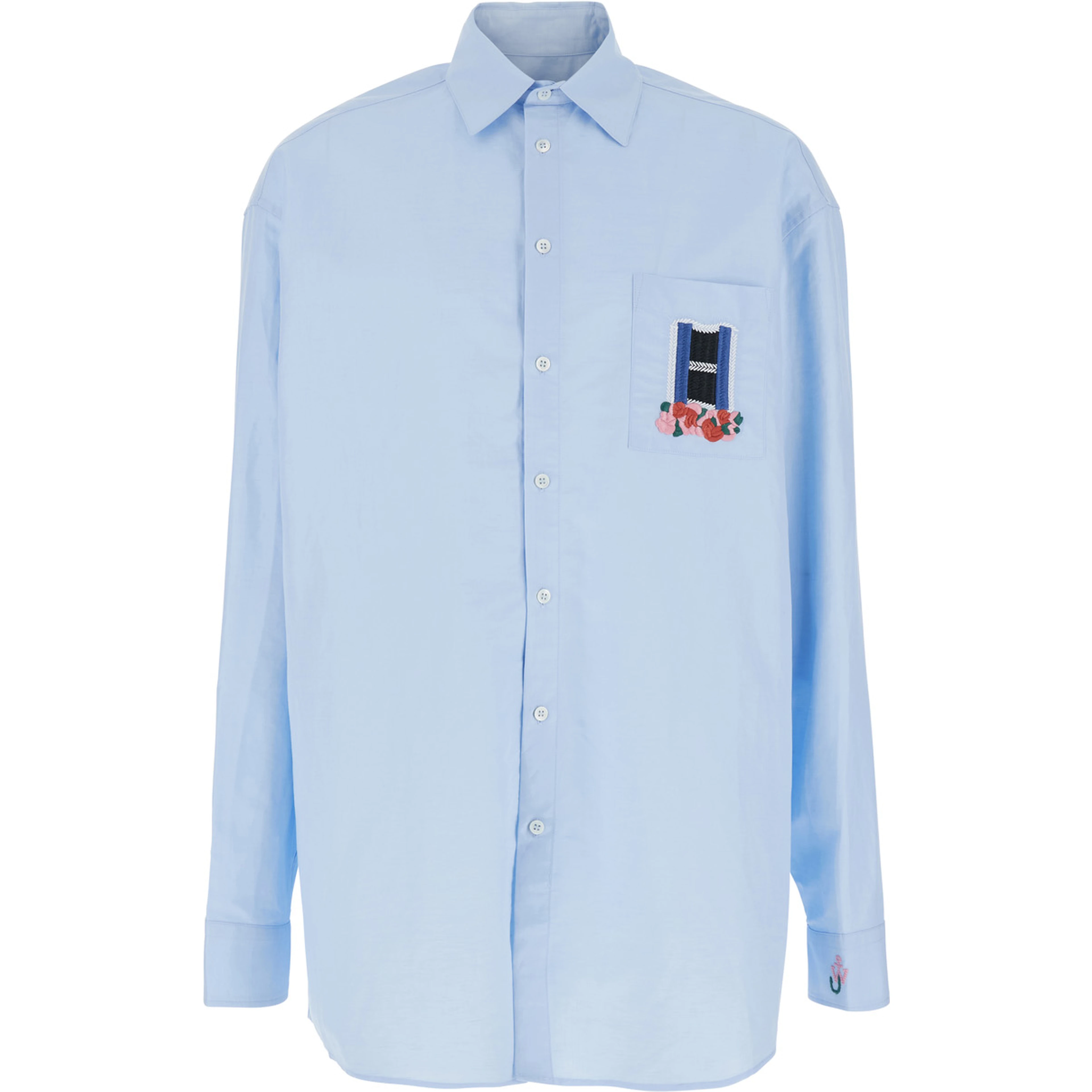 Light Blue Shirt with Classic Collar and Embroidery Detail on Front and Cuff in Linen and Cotton Blend Man