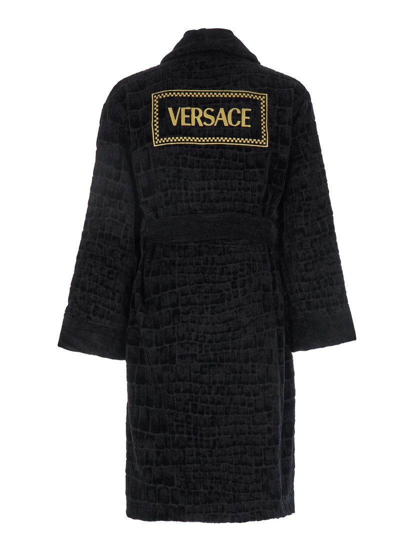 Black Bathrobe with Medusa Plaque on the Front and Maxi Logo on the Back in Cotton Home