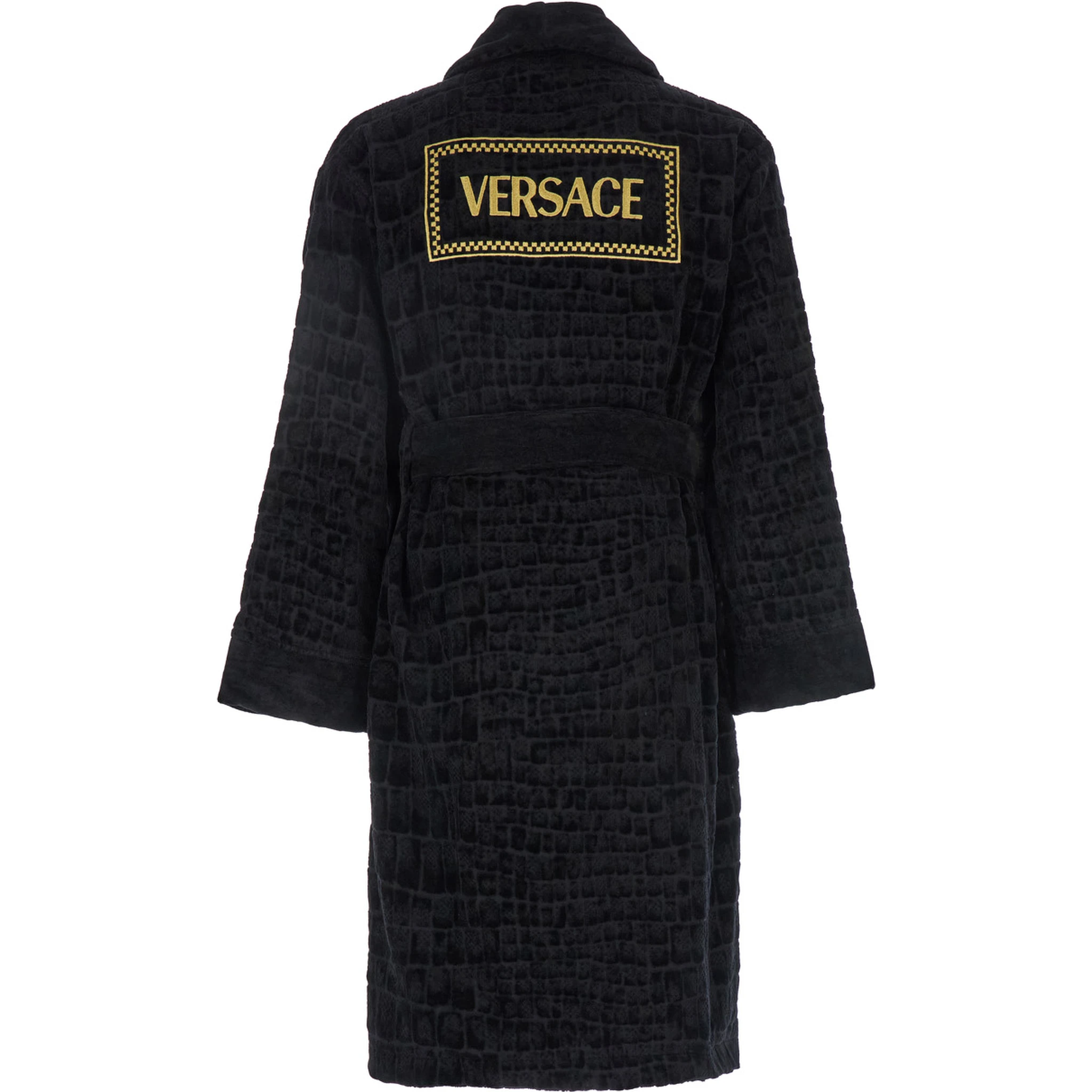 Black Bathrobe with Medusa Plaque on the Front and Maxi Logo on the Back in Cotton Home