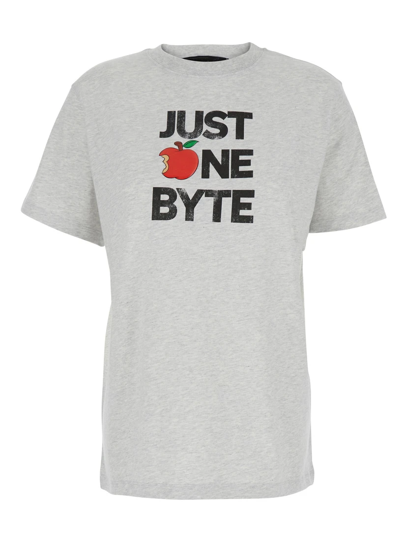 Grey Crew Neck T-Shirt with Front Print in Cotton Woman