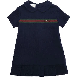 Blue Dress with Peter Pan Collar and Web Detail with Horsebit  on the Front in Cotton Baby