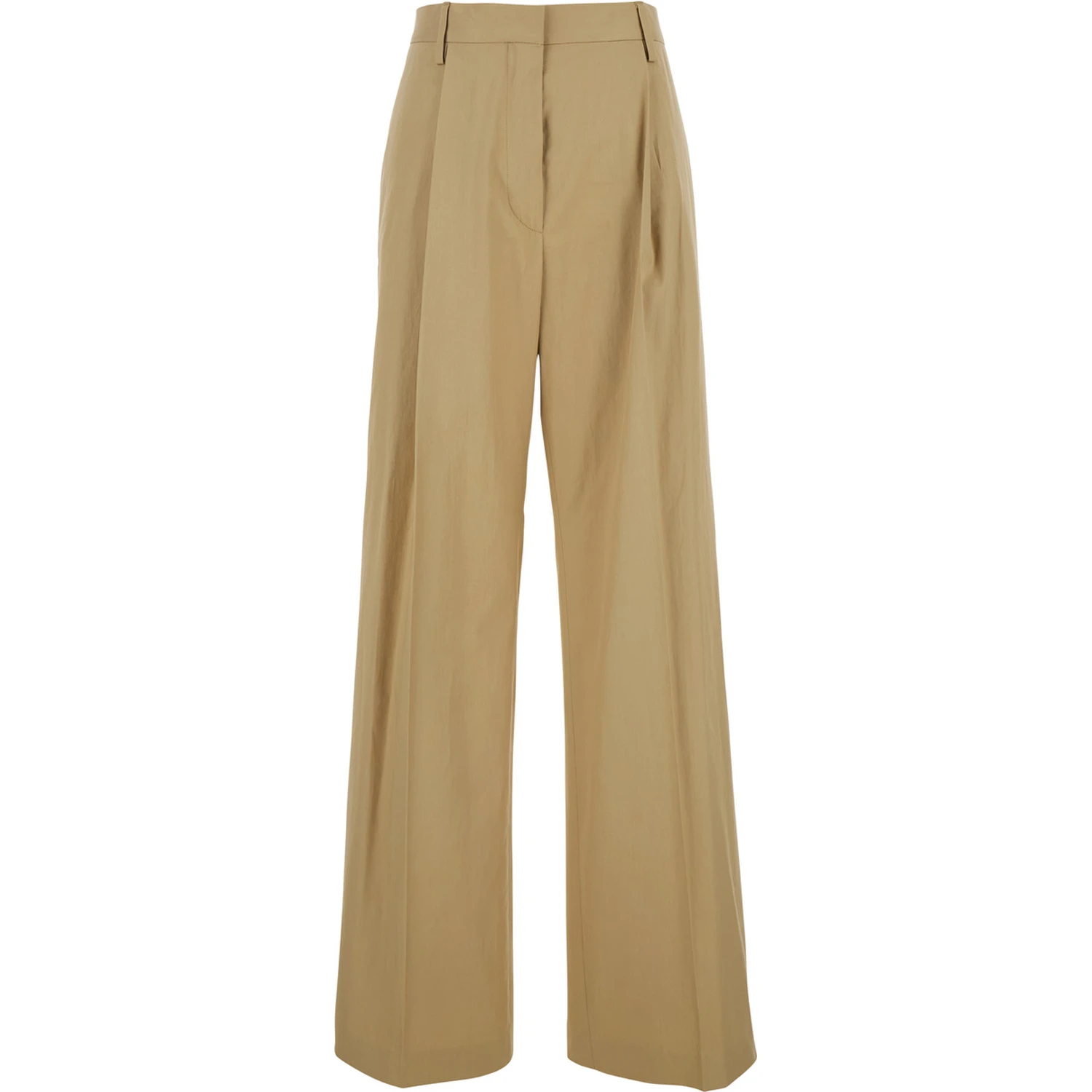 Beige Pants with Pleated Details in Fabric Woman