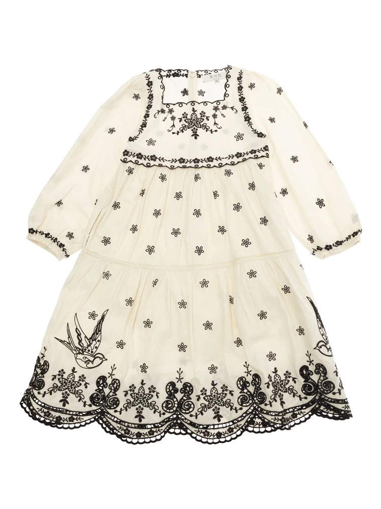 Kingsley Beige Dress with All-Over Embroidery in Cotton Girls