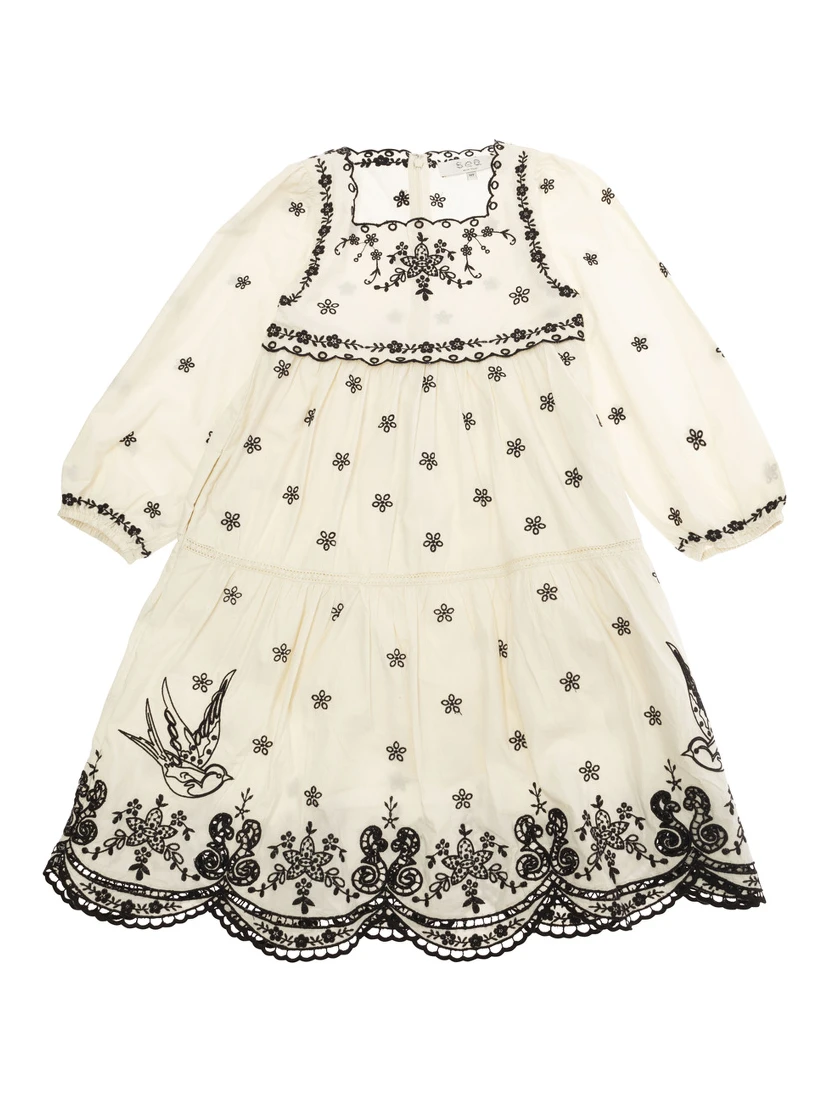 Kingsley Beige Dress with All-Over Embroidery in Cotton Girls