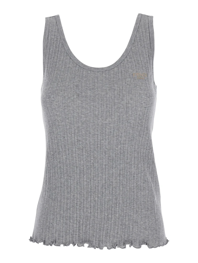 Grey Sleeveless Top with Round Neck and Logo Lettering on the Front in Cotton Woman