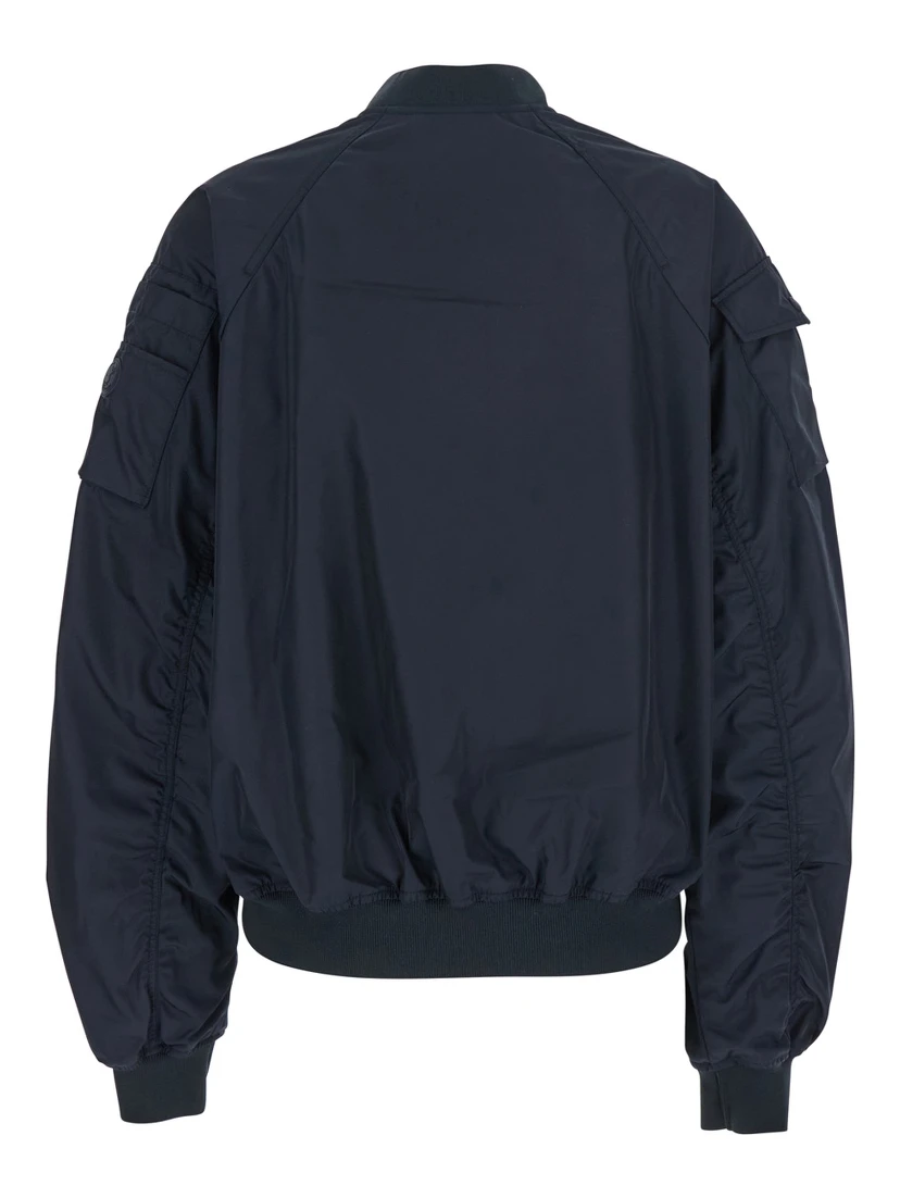 Lil Blue-Black Bomber Jacket with Front Pockets and Logo Patch Applied on the Sleeve in Tech Fabric Woman