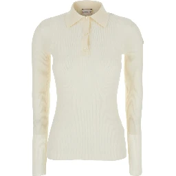 White Ribbed Polo Shirt with Logo Patch Applied on the Sleeve in Cotton Blend Woman