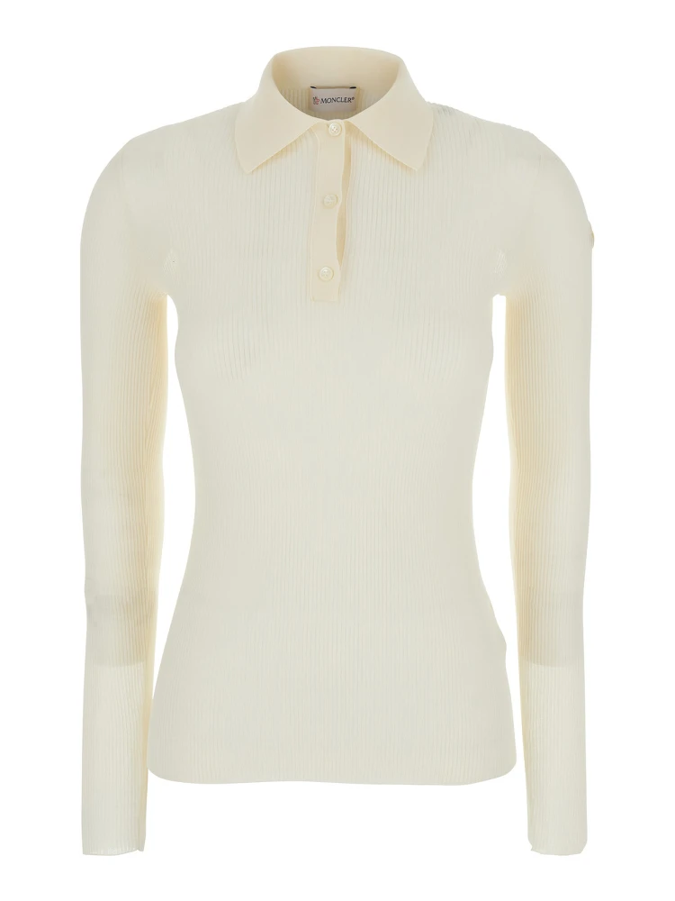 White Ribbed Polo Shirt with Logo Patch Applied on the Sleeve in Cotton Blend Woman