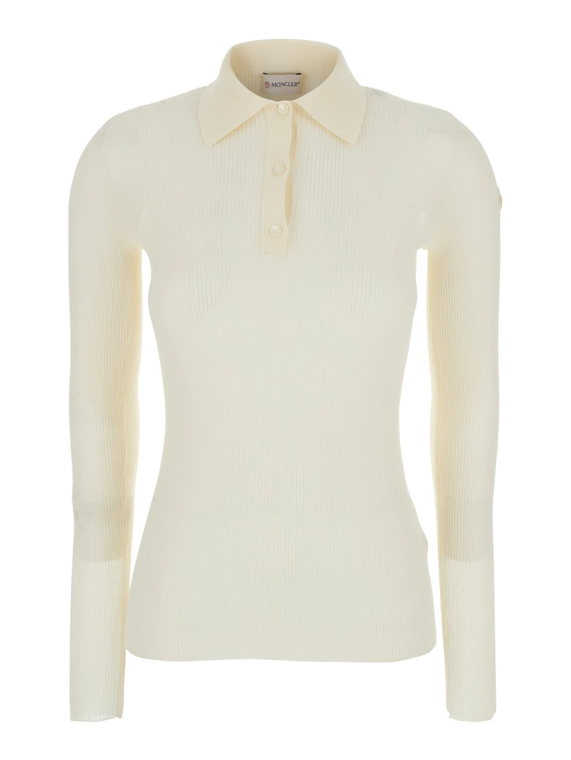 White Ribbed Polo Shirt with Logo Patch Applied on the Sleeve in Cotton Blend Woman