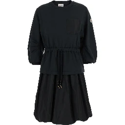 Black Dress with Elastic Waist and Logo Patch on the Sleeve in Tech Fabric Woman