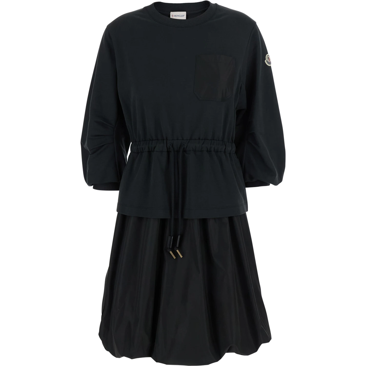 Black Dress with Elastic Waist and Logo Patch on the Sleeve in Tech Fabric Woman