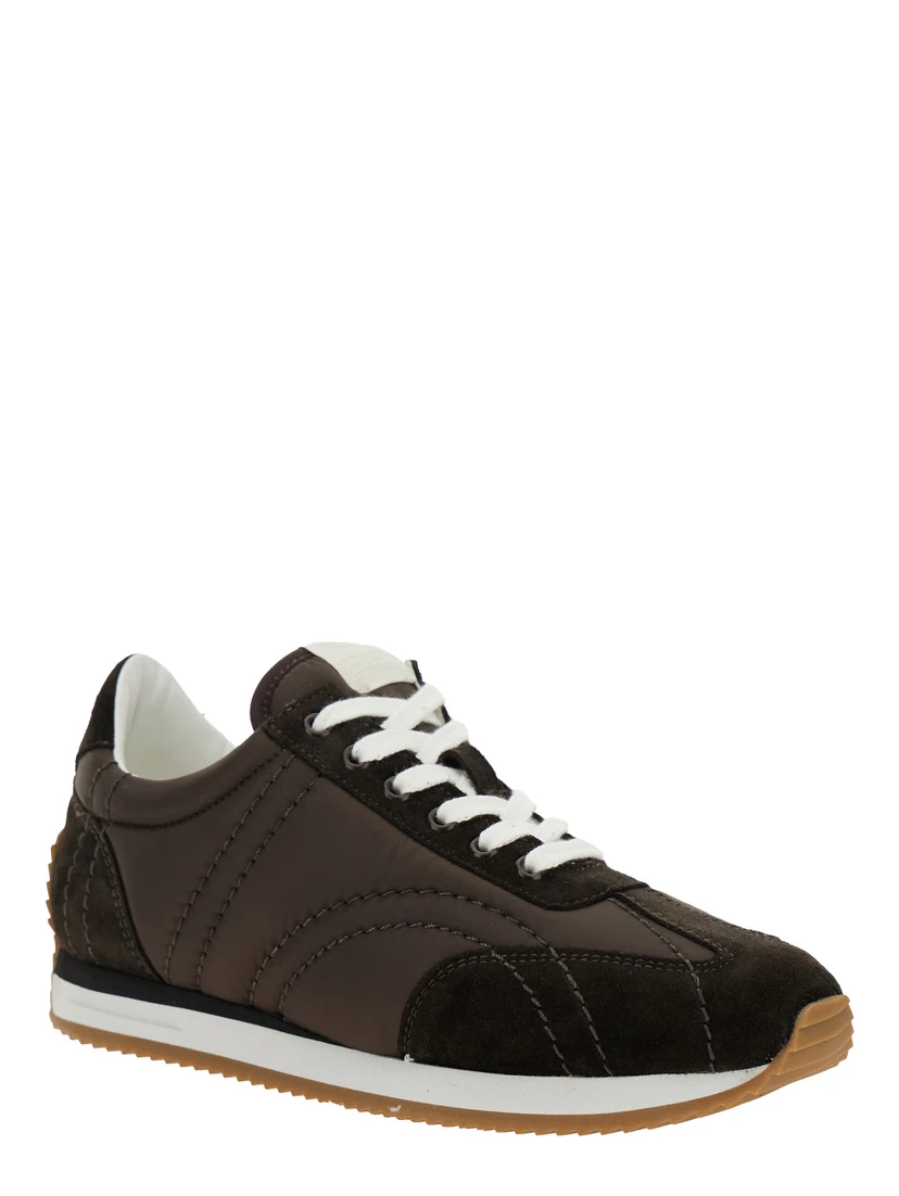 Brown Sneakers with Logo Detail on the Tongue in Suede and Tech Fabric Woman