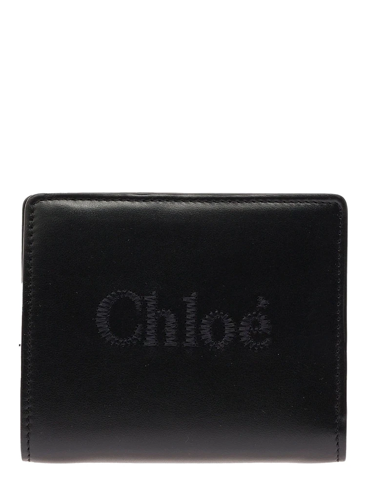 Sense Black Bi-Fold Wallet with Tonal Logo Embroidery in Leather Woman
