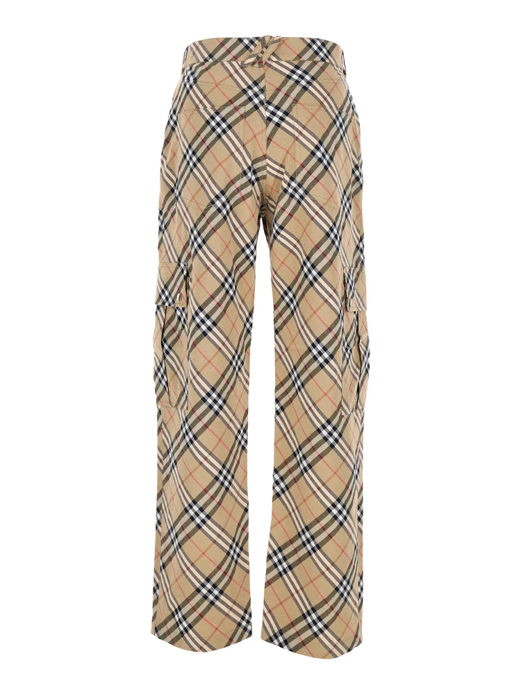 Beige Cargo Pants with Vintage Check Motif in Linen and Cotton Blend Man alternative
