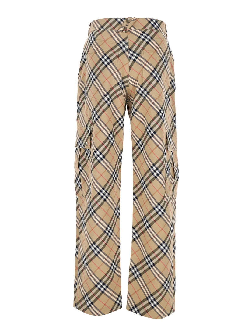 Beige Cargo Pants with Vintage Check Motif in Linen and Cotton Blend Man