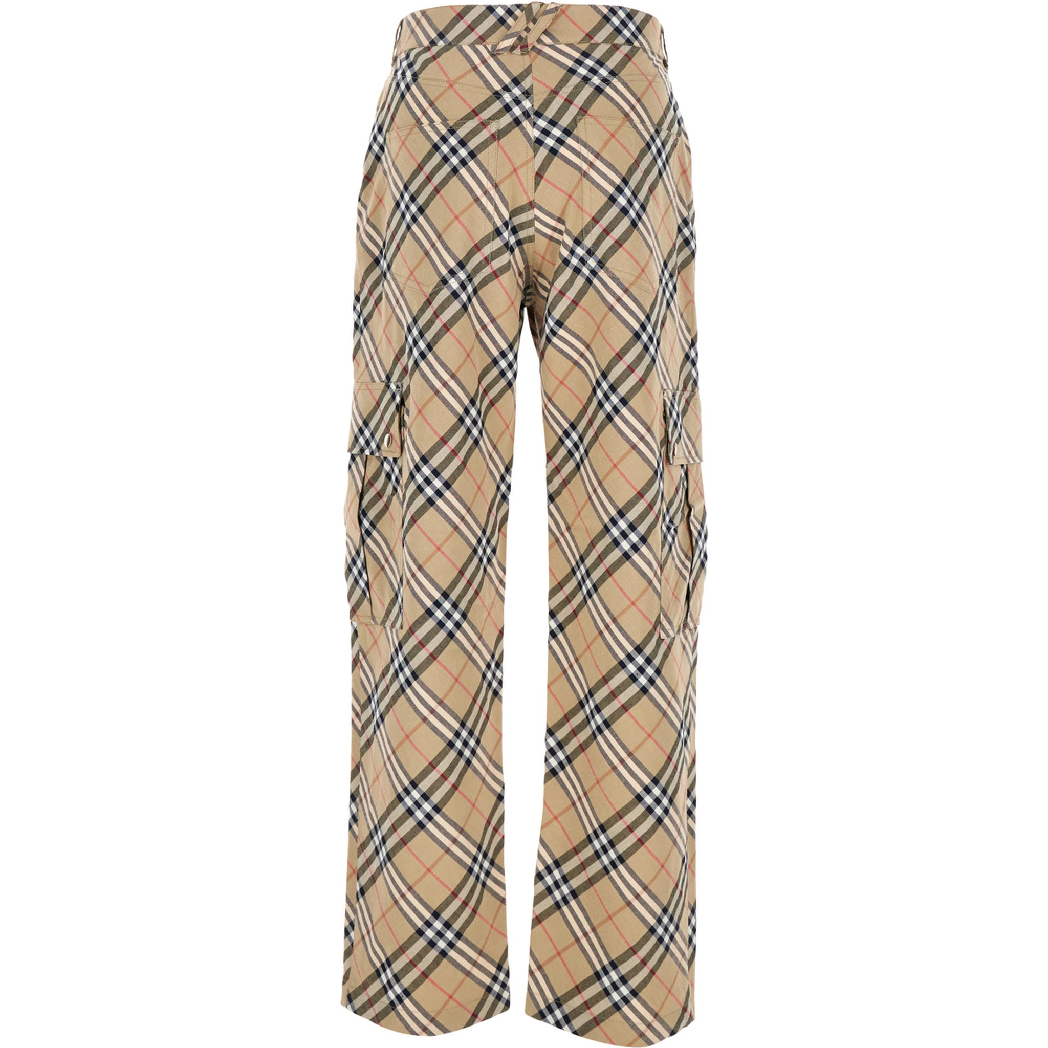 Beige Cargo Pants with Vintage Check Motif in Linen and Cotton Blend Man