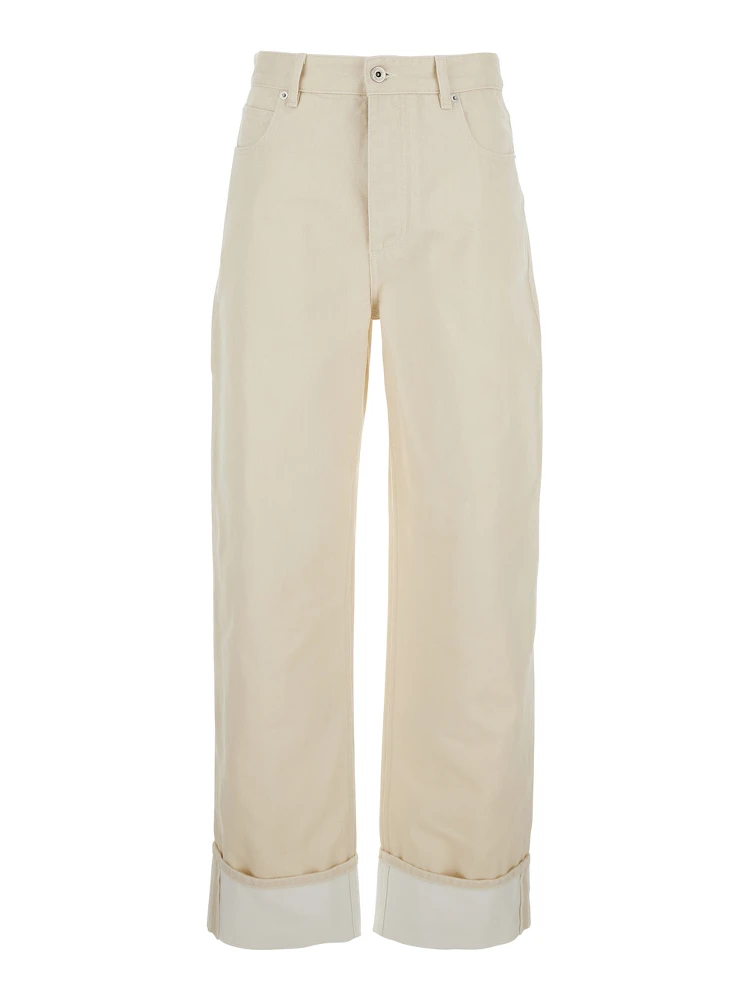 White Jeans with Cuffs on the Edges and Removable Patch with Hare on the Back in Denim Woman