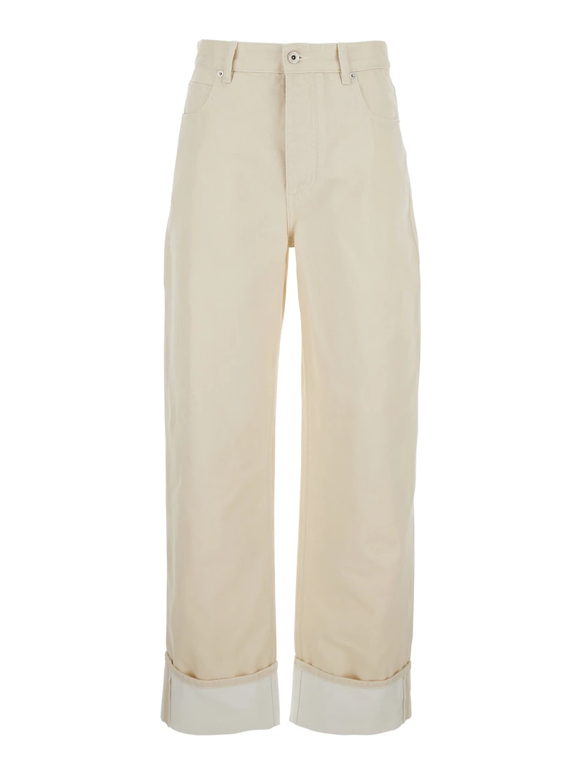 White Jeans with Cuffs on the Edges and Removable Patch with Hare on the Back in Denim Woman