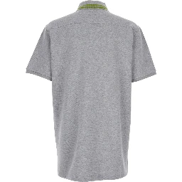 Grey Polo Shirt with Striped Collar and Tone-on-Tone Embroidered Logo on the Front in Cotton Man