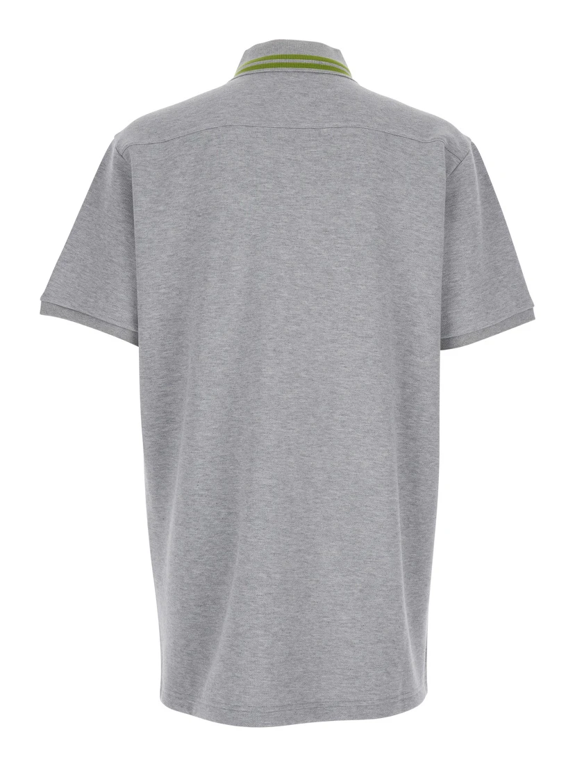 Grey Polo Shirt with Striped Collar and Tone-on-Tone Embroidered Logo on the Front in Cotton Man