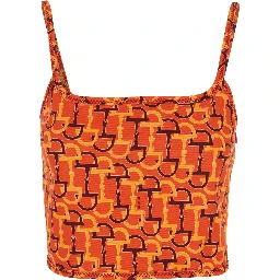 Orange Top with Spaghetti Straps and All-Over Horsebit Print in Cotton Woman