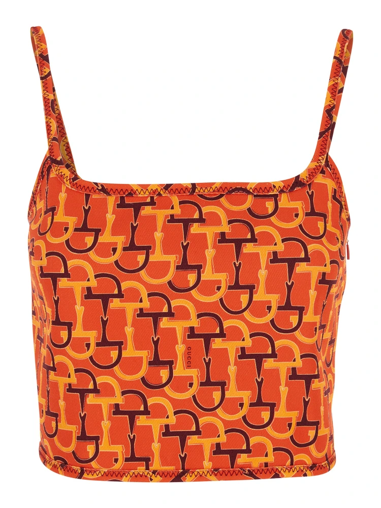 Orange Top with Spaghetti Straps and All-Over Horsebit Print in Cotton Woman