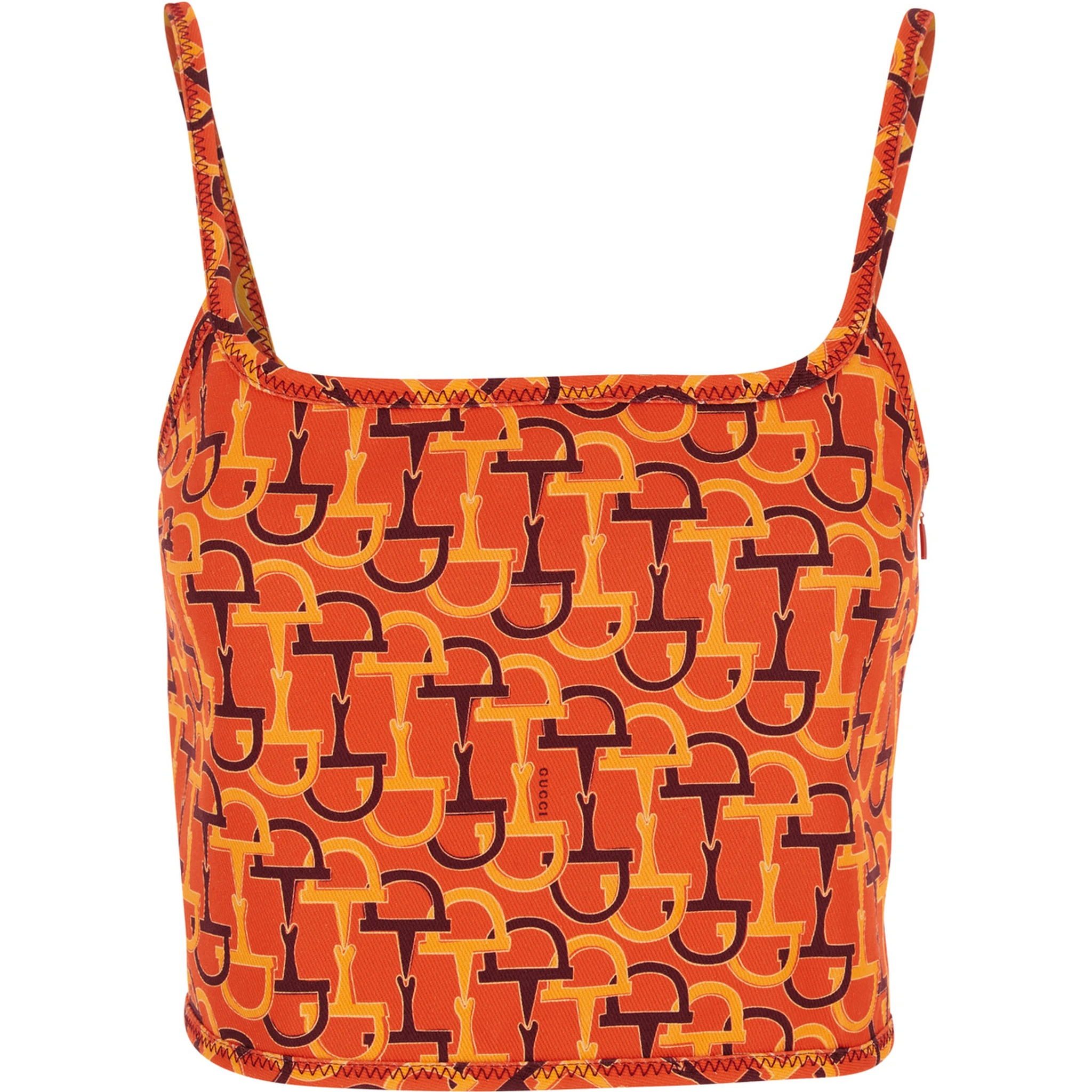 Orange Top with Spaghetti Straps and All-Over Horsebit Print in Cotton Woman