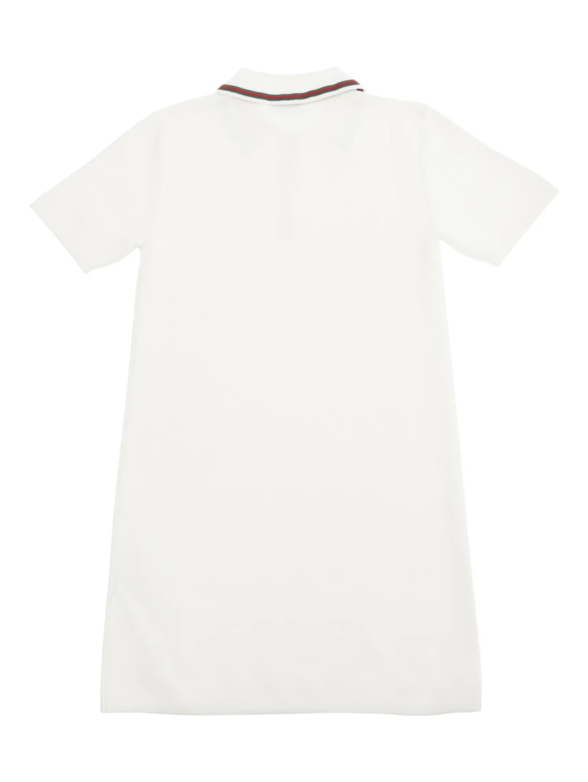 White Dress with Polo Shirt Style Collar with Web Detail and Embroidery in Cotton Girl