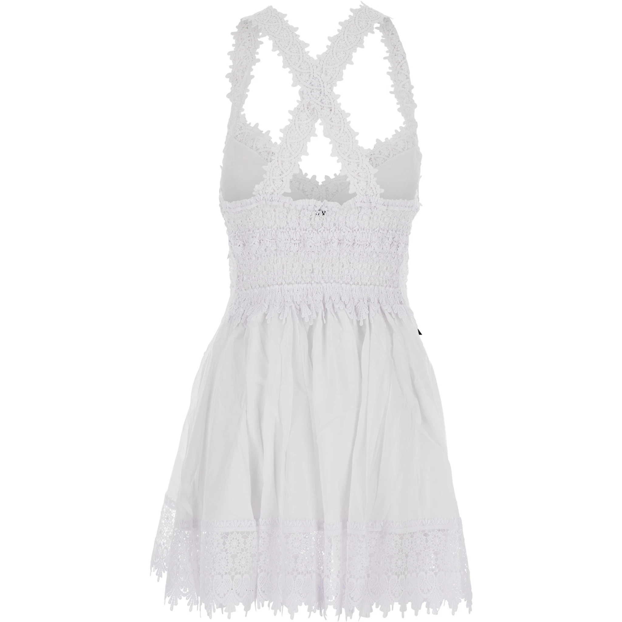 Marilyn White Dress with Crossed Straps and Lace Details in Cotton Woman