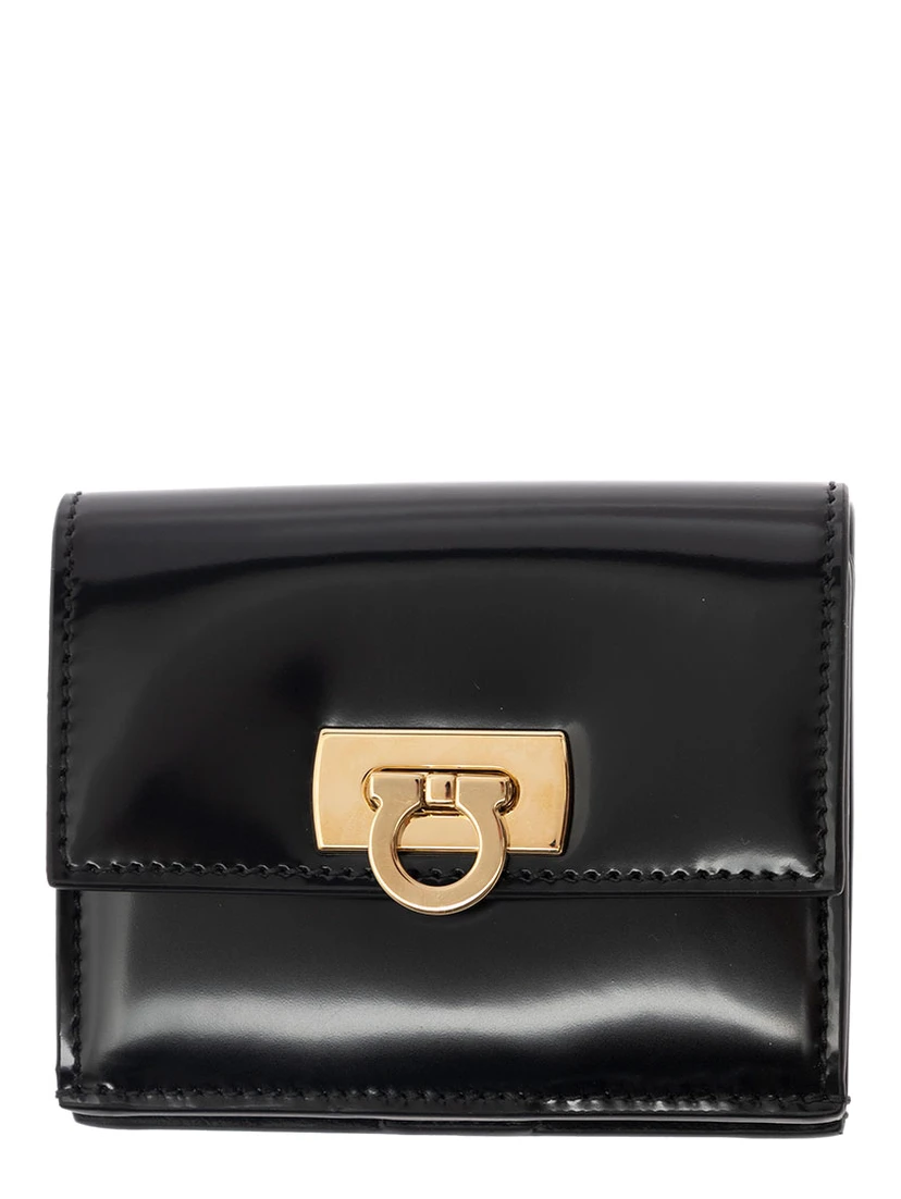 Wanda Black Wallet with Gancini Closure in Patent Leather Woman
