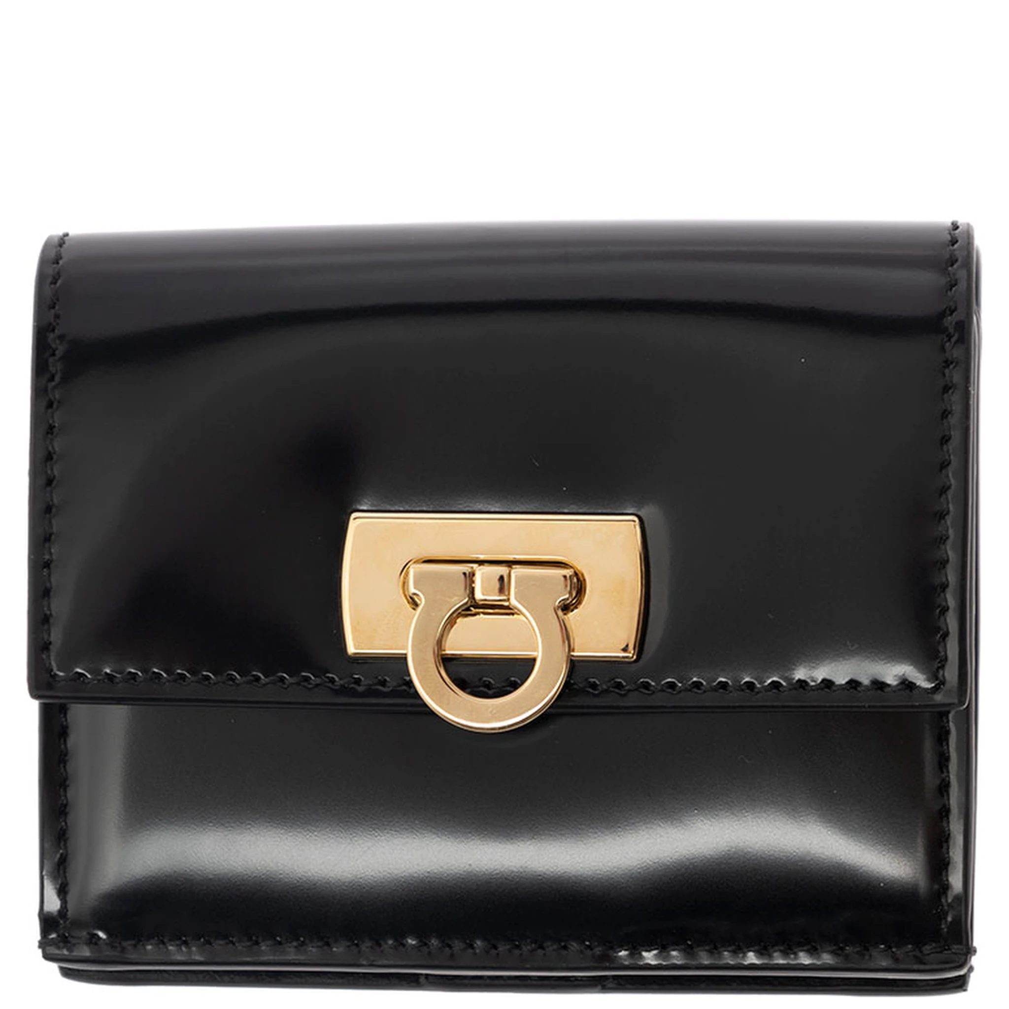 Wanda Black Wallet with Gancini Closure in Patent Leather Woman