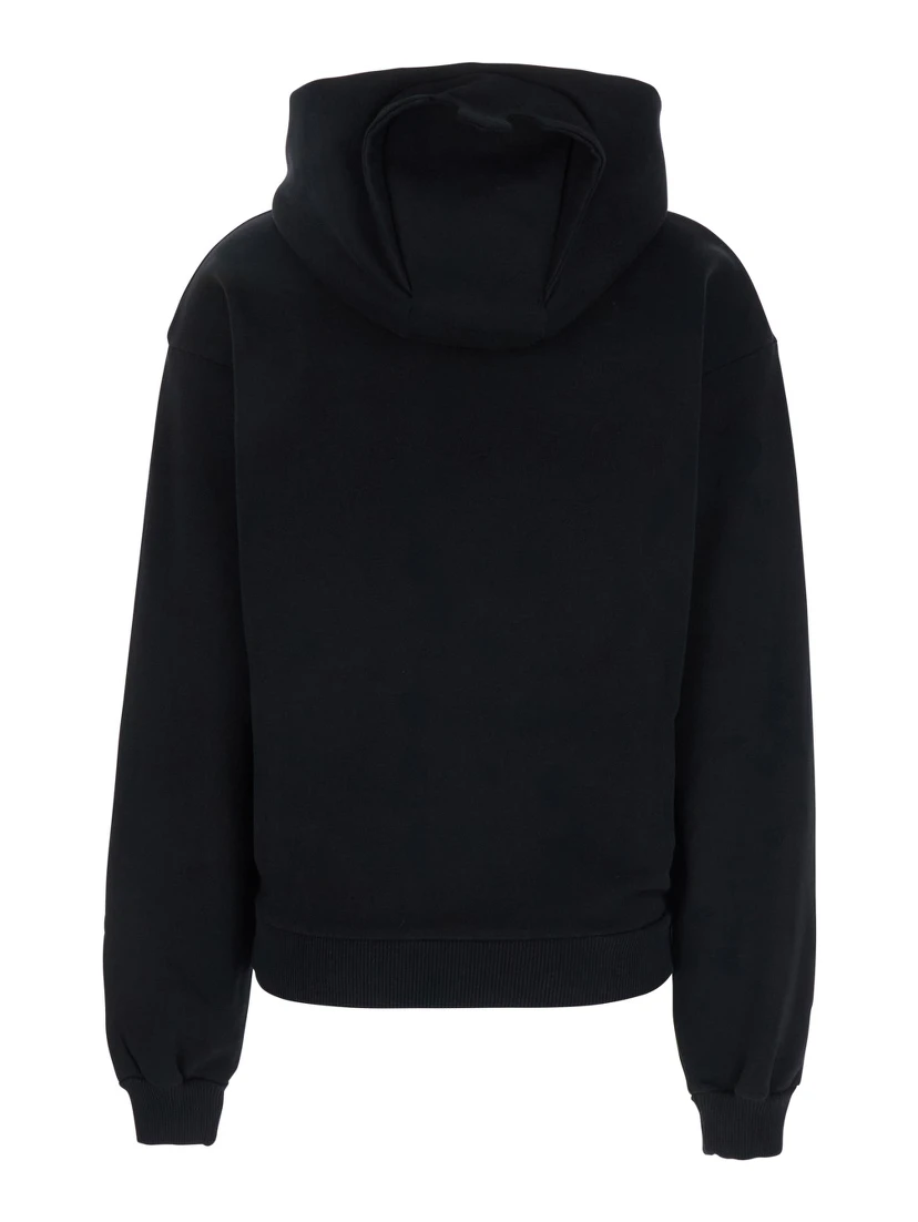 Black Sweatshirt with Logo Lettering and Front Kangaroo Pocket in Cotton Woman