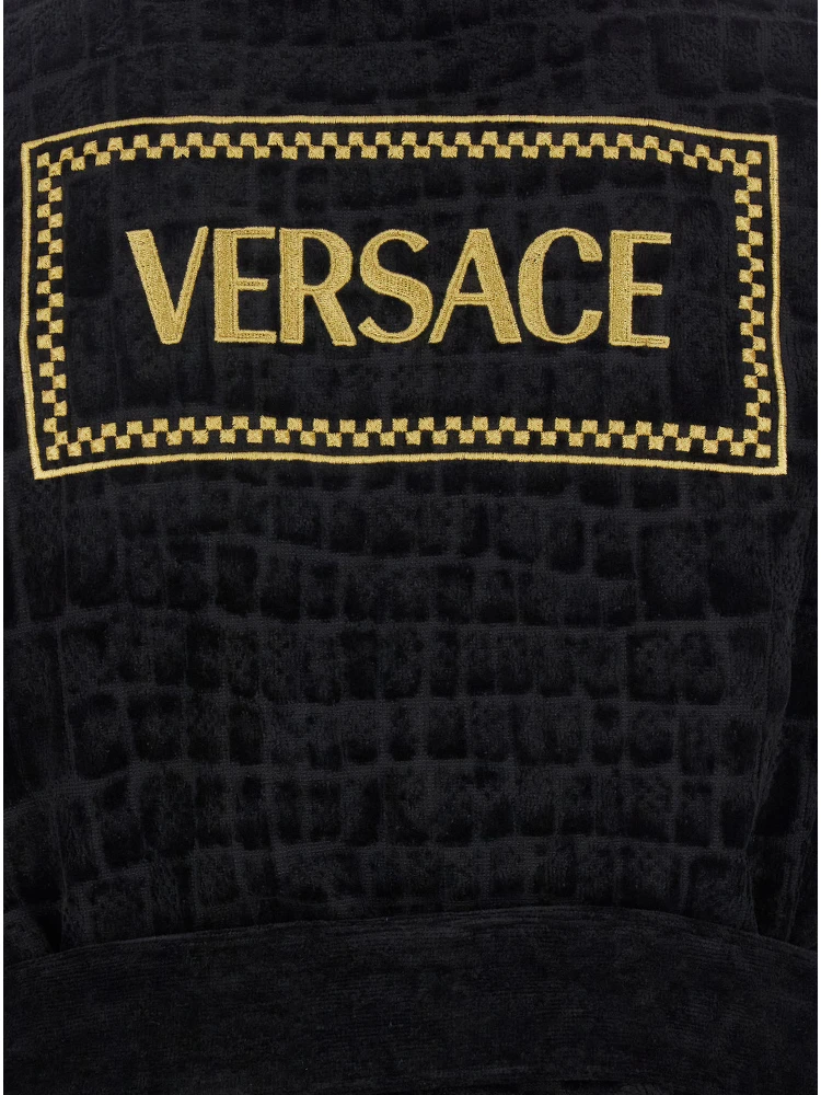 Black Bathrobe with Medusa Plaque on the Front and Maxi Logo on the Back in Cotton Home alternative