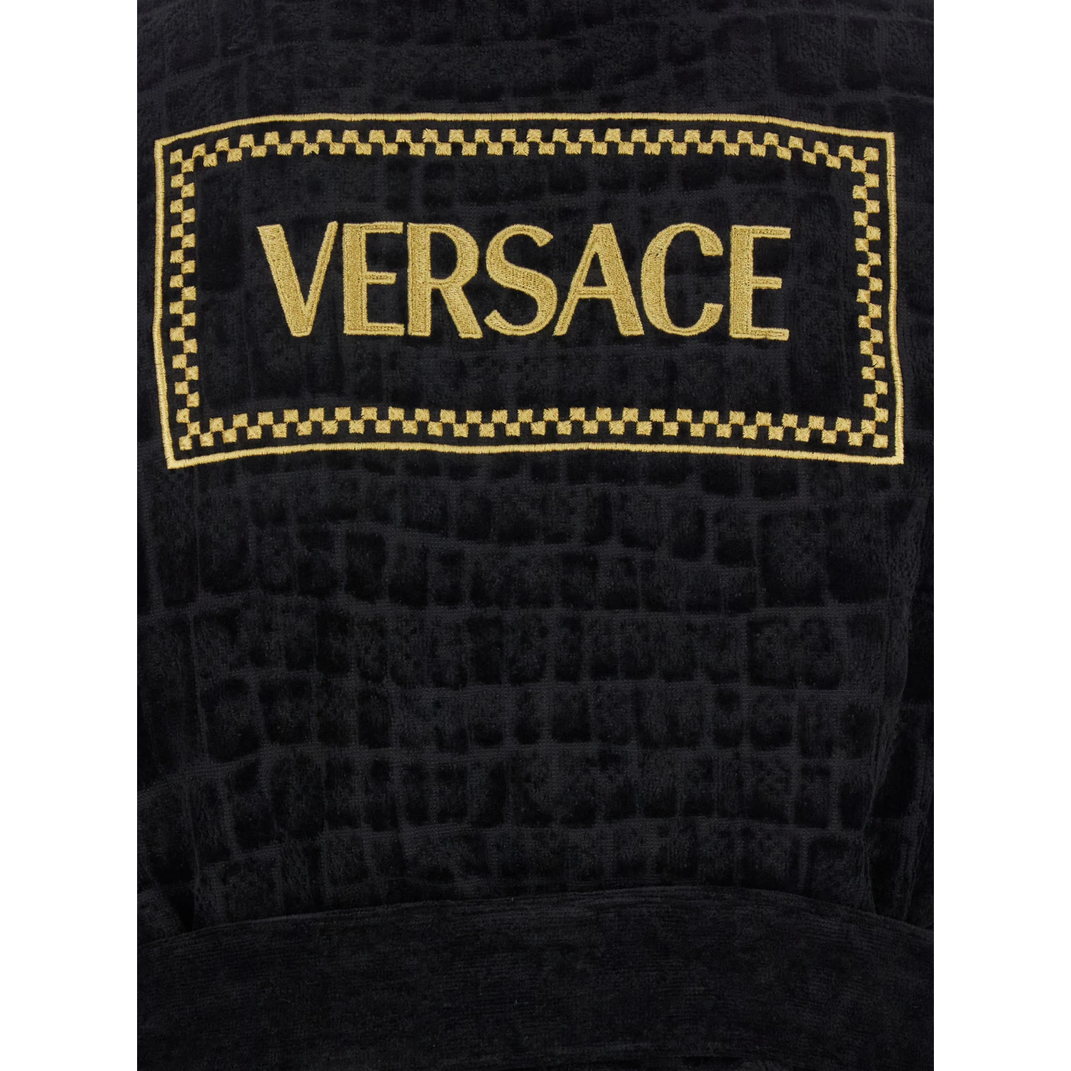 Black Bathrobe with Medusa Plaque on the Front and Maxi Logo on the Back in Cotton Home