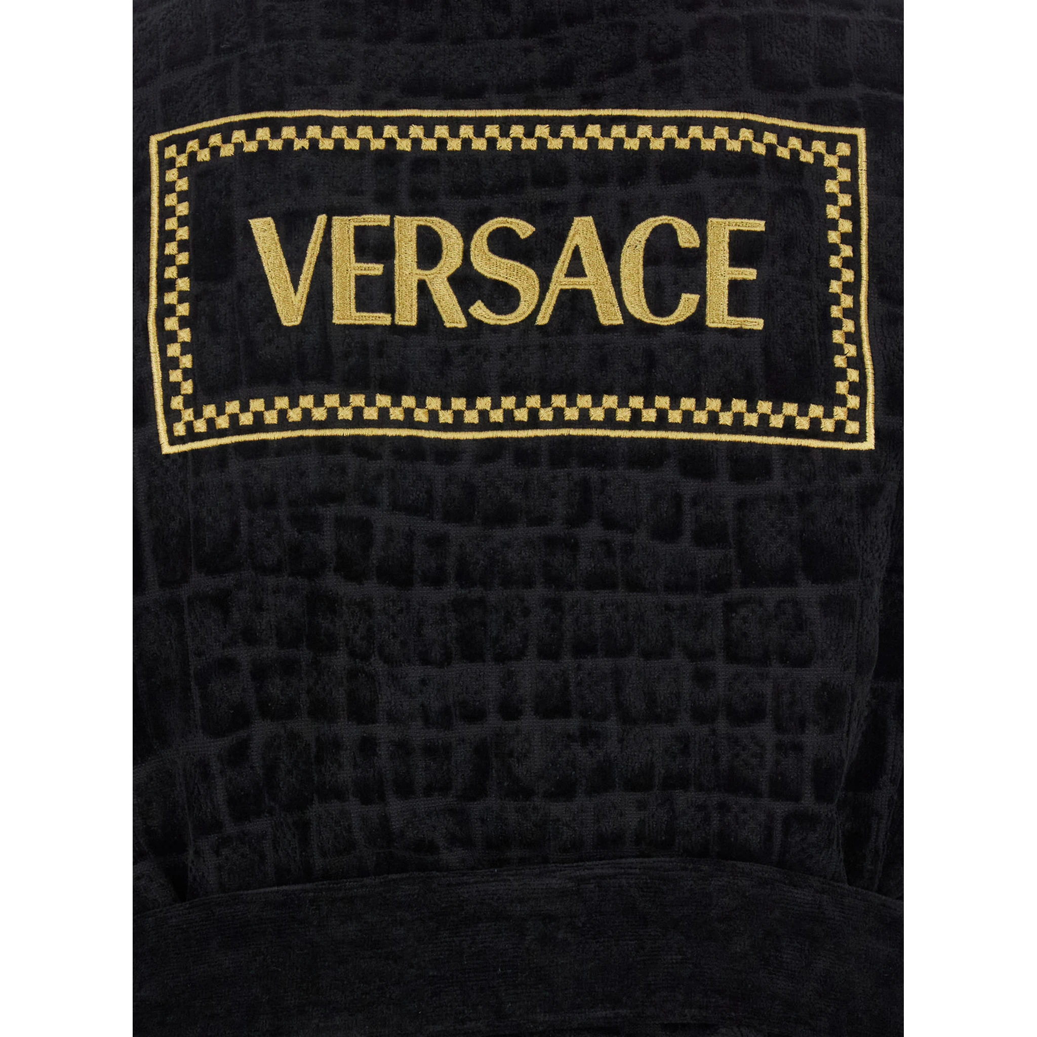 Black Bathrobe with Medusa Plaque on the Front and Maxi Logo on the Back in Cotton Home