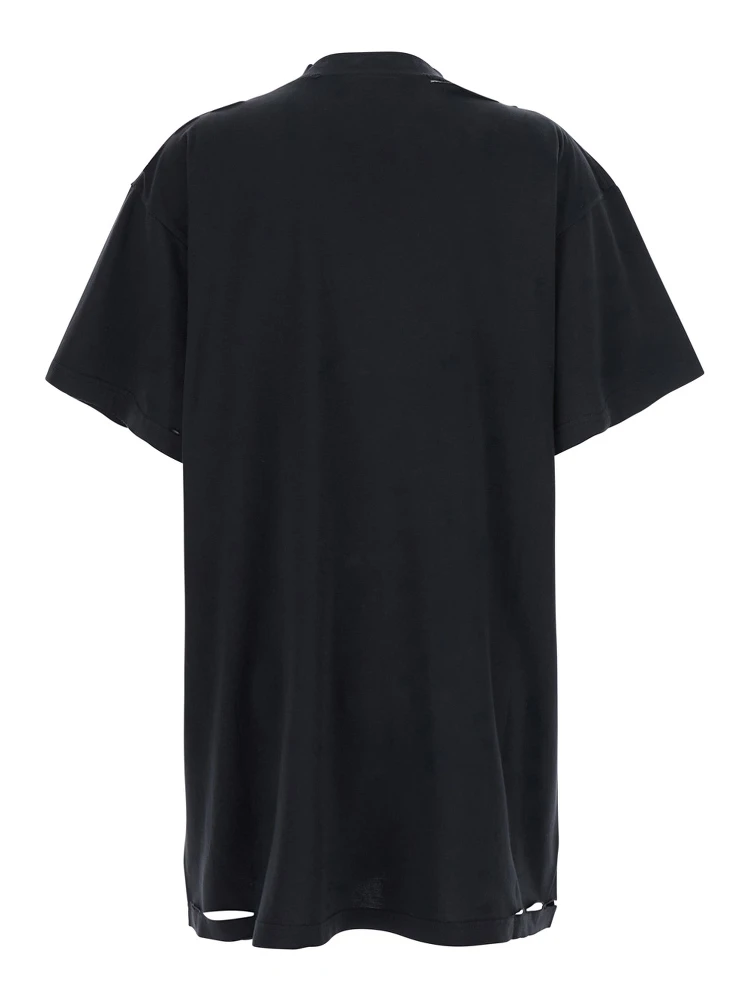Black T-Shirt with Logo Printed on the Front and Torn Details in Cotton Woman alternative