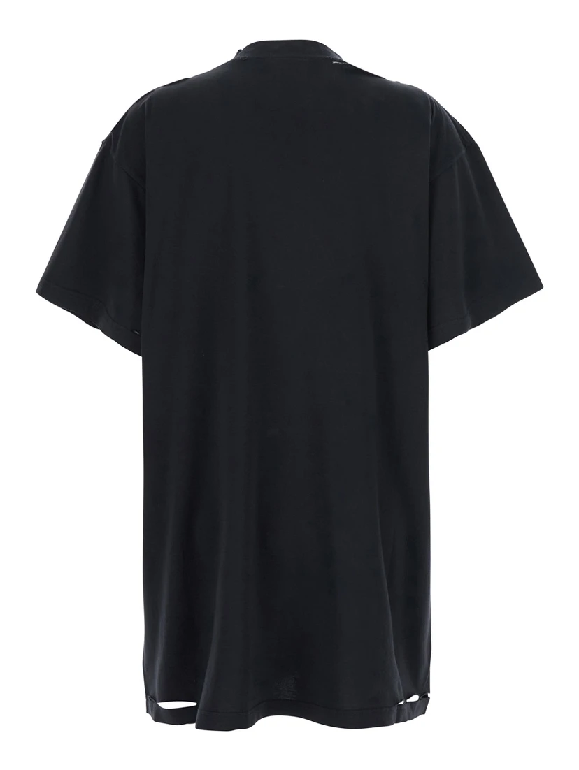 Black T-Shirt with Logo Printed on the Front and Torn Details in Cotton Woman
