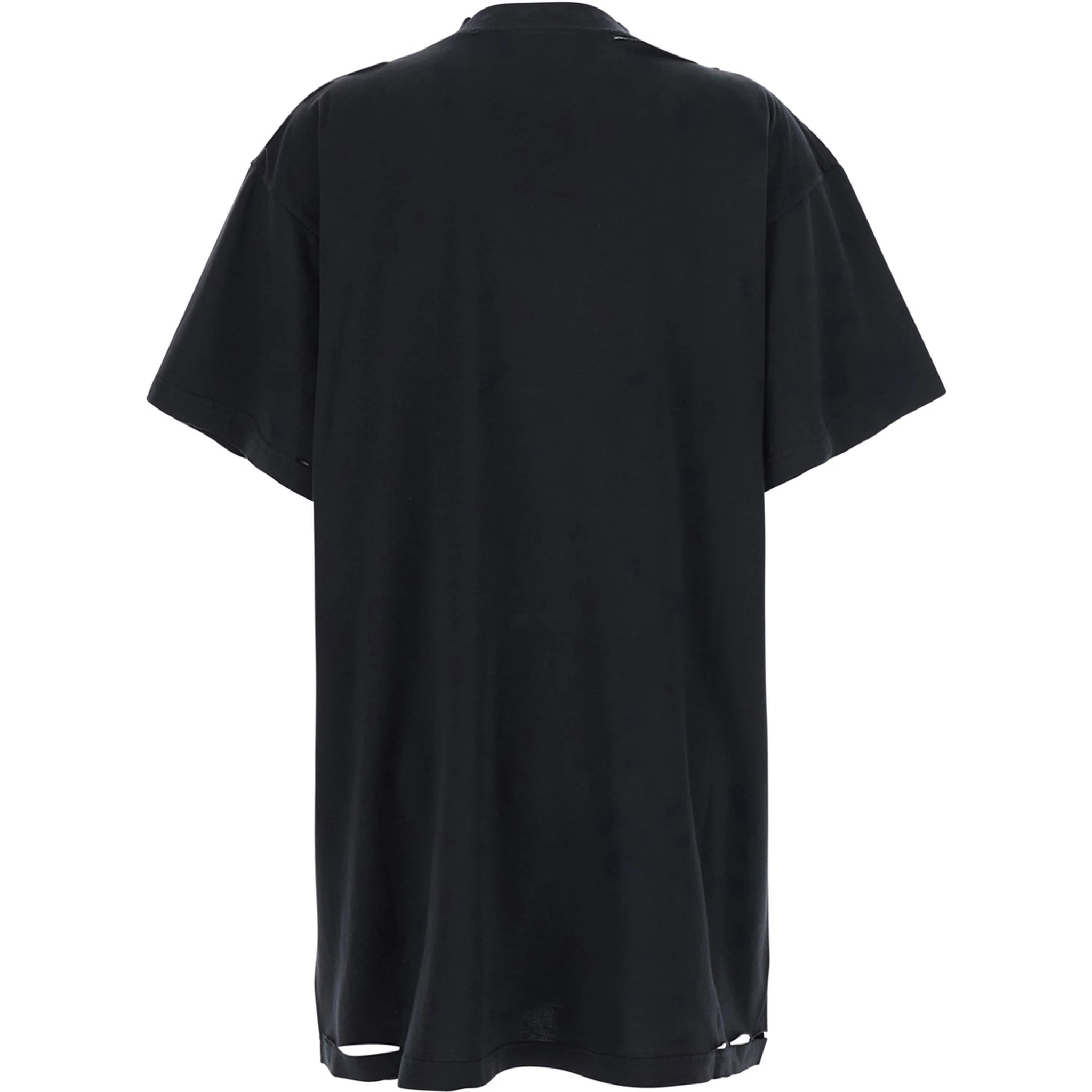 Black T-Shirt with Logo Printed on the Front and Torn Details in Cotton Woman