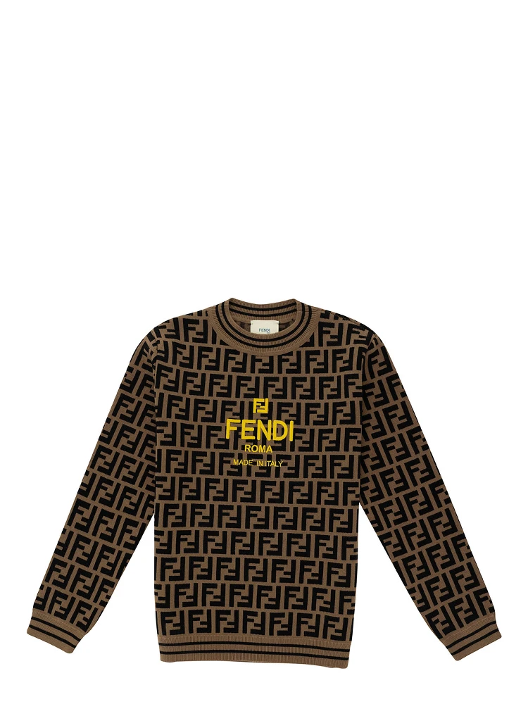 Beige and Tobacco Sweater with FF Motif and Logo Detail in Viscose Blend Boy