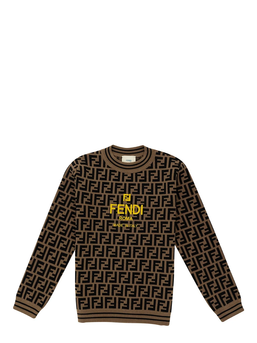 Beige and Tobacco Sweater with FF Motif and Logo Detail in Viscose Blend Boy