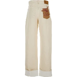 White Jeans with Cuffs on the Edges and Removable Patch with Hare on the Back in Denim Woman